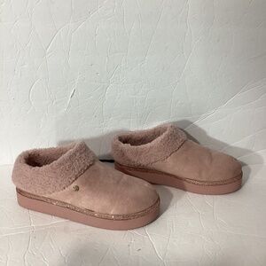 JOY MANGANO SZ 9 SLIP ON SHOES SLIPPERS DUSTY ROSE BEADS FUR LINING PLATFORM